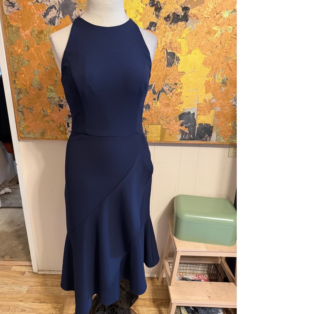 Betsy & Adam Navy Blue Ruffle Flounce Hem Scuba Cocktail Dress Size 10